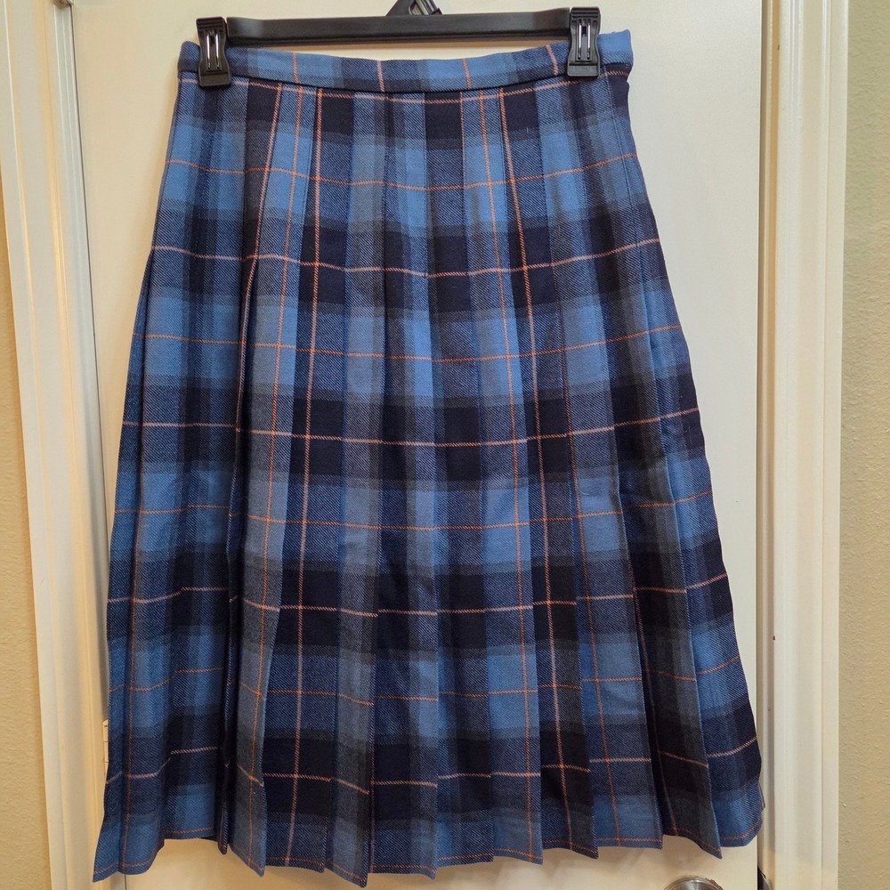 Dunedin Vintage Blue Plaid Pleated Wool Midi Skirt Made in Scotland Womens 16